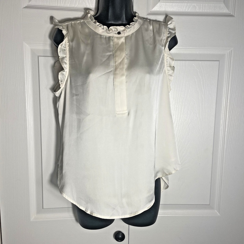 DKNY Sleeveless Shirt Women Petite L Cream Ruffle Henley Blouse Dainty Whimsical